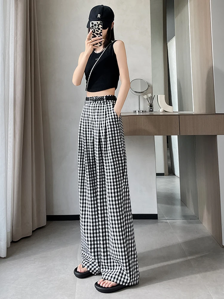 

Черно-белые клетчатые хлопковые льняные брюки в ленивом стиле, женские весенние прямые брюки с высокой талией, повседневные брюки в пол с поясом
