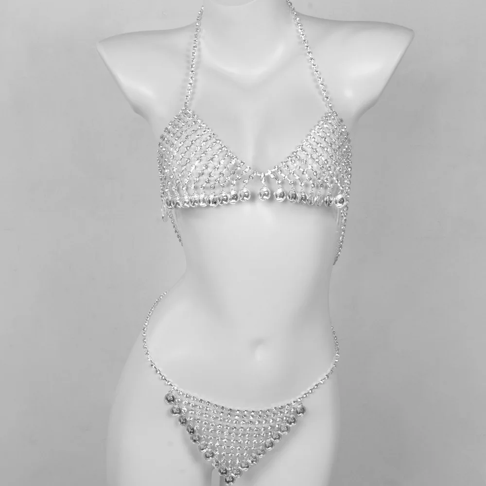 Fashionable Hanging Neck Style Hollow Out Sequin Tassels Bra Underwear Two Piece Set Body Chain Jewelry