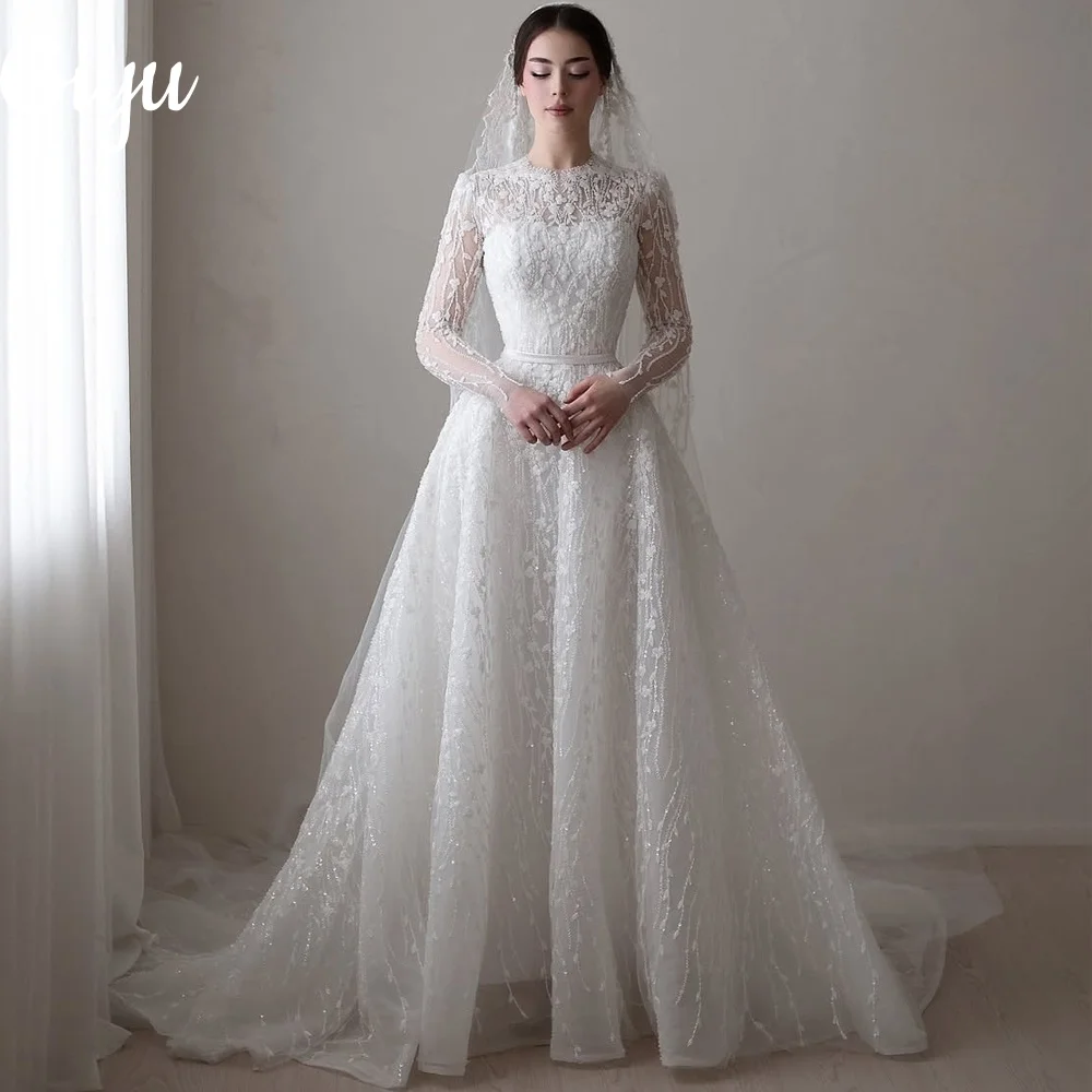 Giyu New Luxury Shiny O-Neck Wedding Dress Delicate A-Line Long Sleeve Sweep Train Beading Lace Customized 2025 Vestido De Novia
