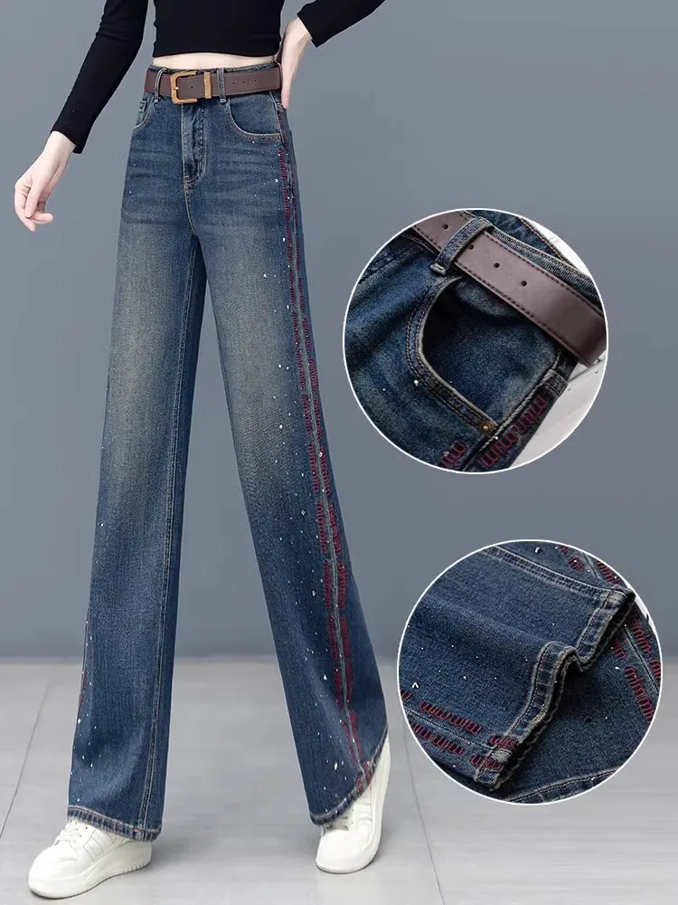 High Waist Embroidered Letter Wide Leg Jeans Loose Straight Slimming Effect Women's Spring Autumn New Style Denim Pants