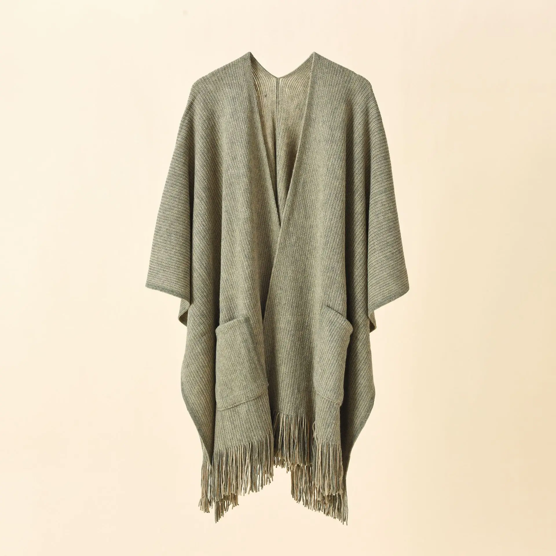 

2022 Spring Autumn New Knitted Solid Color Pocket Tassel Female Shawl Imitation Cashmere Women Cloak Lady Poncho Capes Khaki