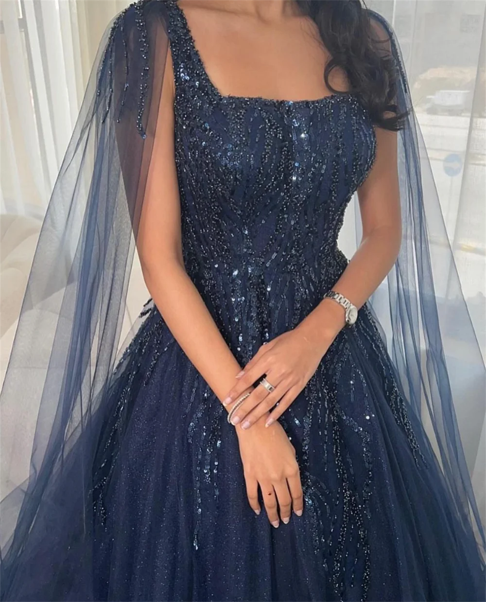 Jessica-Robe de Soirée Luxueuse en Tulle Bleu Marine, Tenue Arabe de Dubaï, à Paillettes, pour Occasions Formelles, 2024