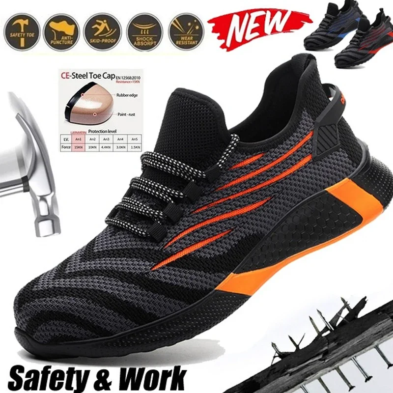 

New Fashion Breathable Safety Shoes Anti-smashing Anti-puncture Lightweight Safety Work Shoes for Men Plus Size 35-48