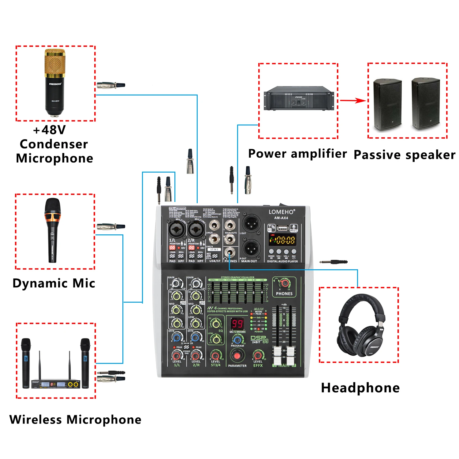 Konsol pencampur efek DSP 99 Mini, Mixer Audio suara saluran 4/6, individu 48V Bluetooth USB PC Rekam putar AM-AX4/6