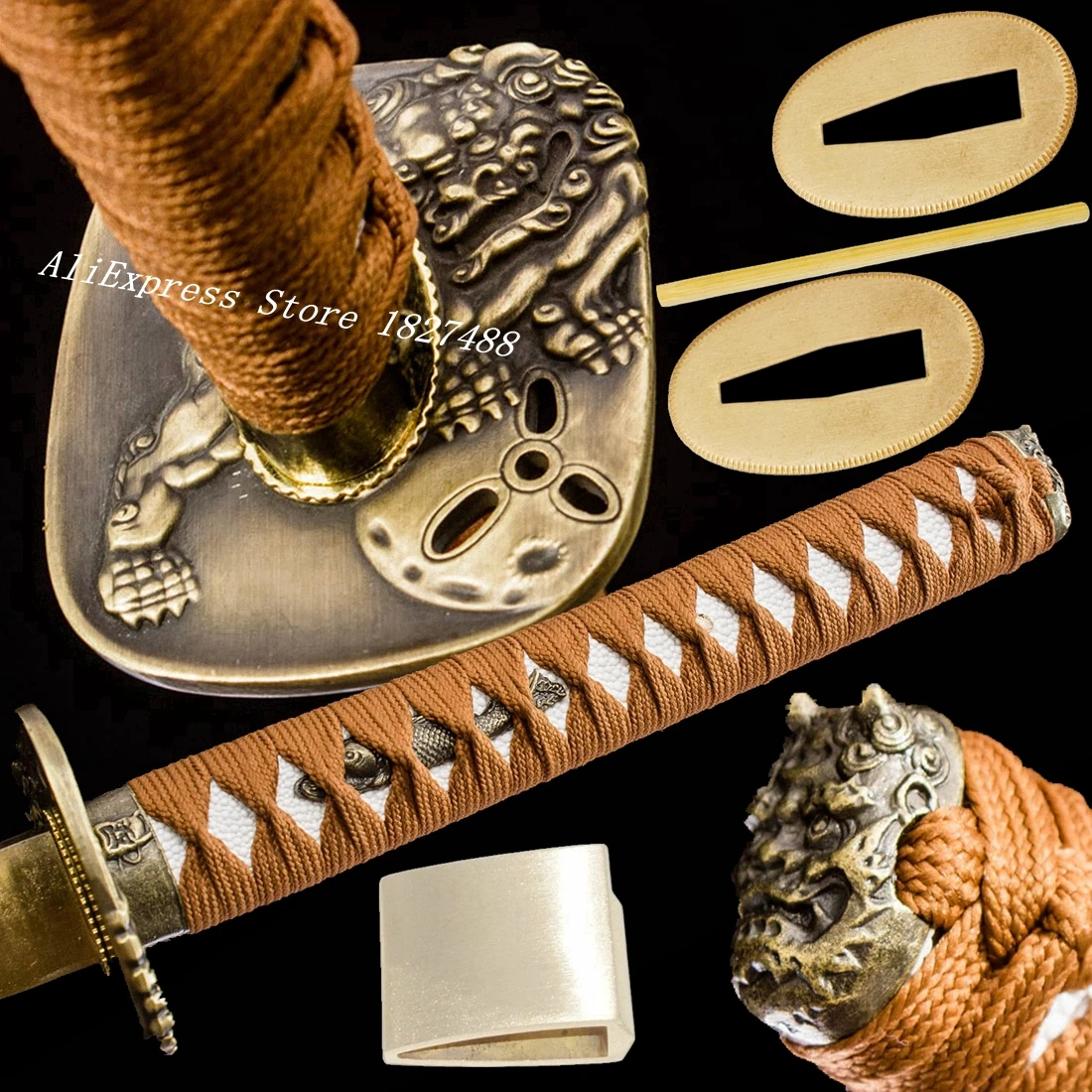 A Set Japanese Samurai Sword Guard Fittings For Katana/Wakizashi/Tanto Lion Tsuba+Menuki+Fuchi+Kashira+Handle+Habaki+Seppa