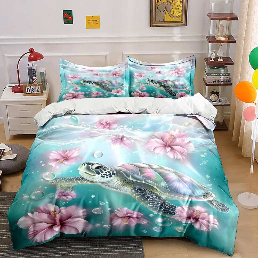 Sea turtle with pink flowers ocean scene Bedding Set for Kids Luxury Gift 3pcs Digital Print Comforter Set Soft Comfortable