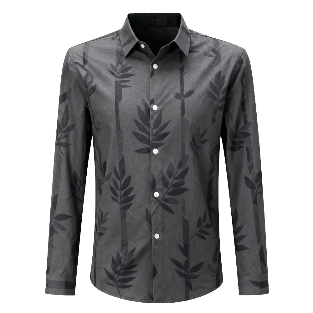 เสื้อเชิ้ตผู้ชายลายพืชธรรมชาติแบบใหม่ ผ้าเนื้อนุ่มยืดหยุ่นเล็กน้อย แขนยาว ปกเสื้อเชิ้ตแบบลาペル สไตล์ฮาวาย เหมาะสำหรับงานธุรกิจและงานปาร์ตี้