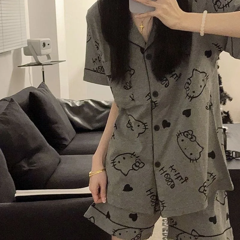 Cartoon Sanrio Hello Kitty Women\'s Pajamas Summer Cardigan Cute Lapel Casual Short Sleeve Shorts Set Homewear Set Pajamas Women