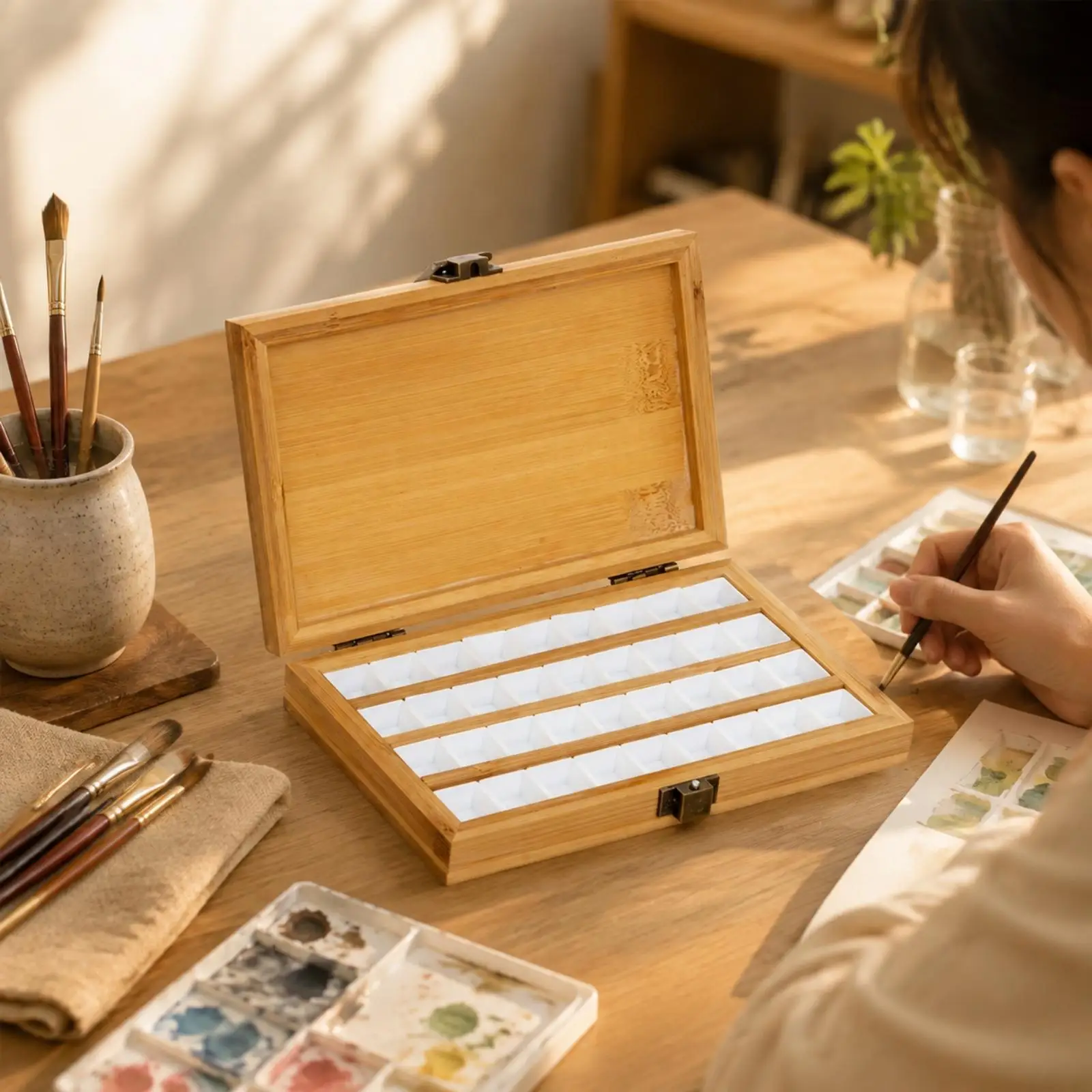Wooden Nail Art Paint Palette Box with Hinged Lid and Compartment Tray for Watercolor Pigments Portable Craft Storage Organizer - view 4