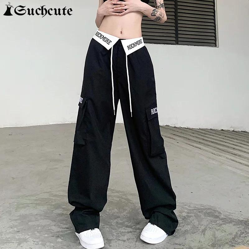 

SUCHCUTE Streetwear Gothic Low Rise Women Pants Punk Style Pocket Patchwork Baggy Trousers Harajuku Dark Academia Cargo Pants