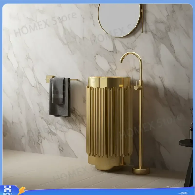 Modern Stainless Steel Cylinder Pedestal Sink Floor Standing Basin with Drainage Kit Bathroom Washbasin Vanity Unit