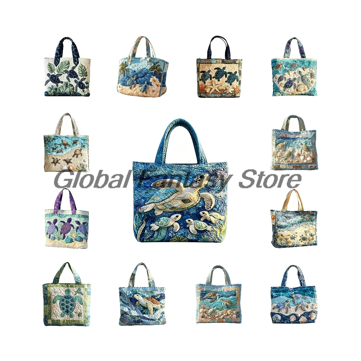 Sea Turtle Funny Quilted Tote Ocean Beach Seashell Print Travel Tote Casual HandBag Men Women Daily Shopping Bags