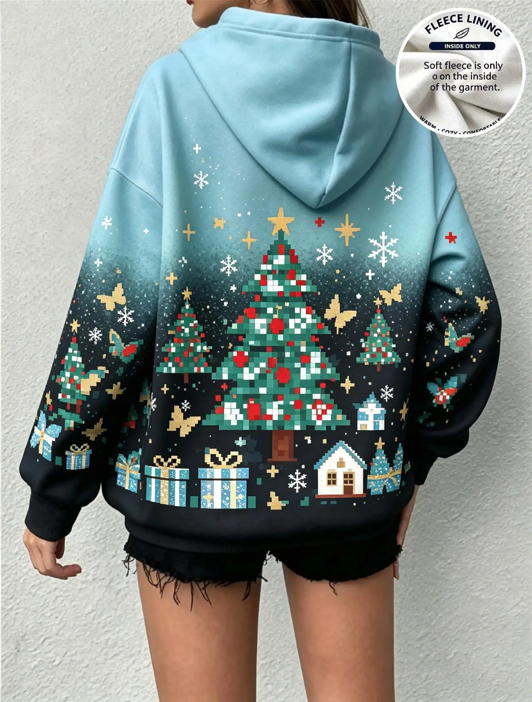 Sudadera con capucha de forro polar con estampado en la espalda en color verde azulado y negro, diseño de árbol de Navidad, casa, mariposa y estrella, regalo de Navidad para mujer.
