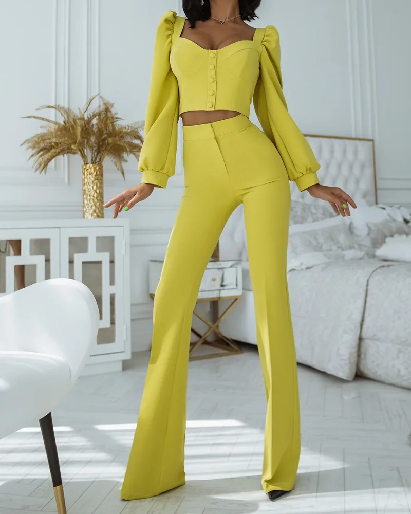 Woman Clothes Suits autumn/winter Lantern Sleeve O Neck Solid Color High Waist Wide Leg Pants Suit Dropshipping SFMDL0426