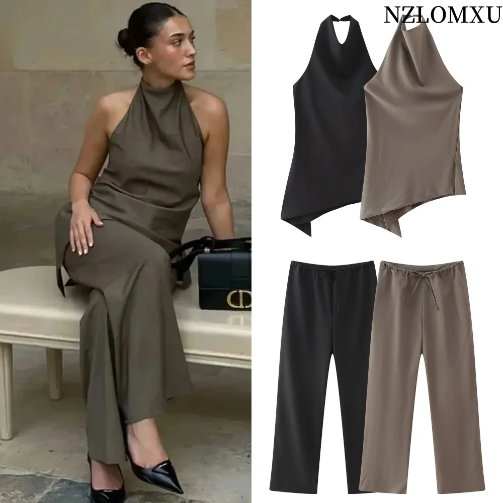 

Women Suit 2025 Women 2 Pieces Set Fashion Asymmetric Halter Top And Tied Long Pants Two Pieces Sets Womens Outfits