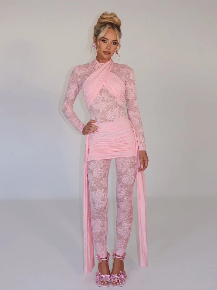 

FDYOUI Elegant Bandage Lace Jumpsuits for Women O-neck Long Sleeve See-through Skinny Bodysuit Evening Party Birthday Overalls