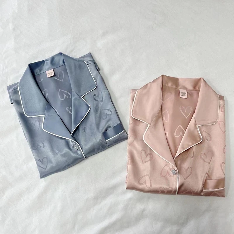 Autumn and winter pyjamas home two-piece cardigan lapel student long sleeve trousers silk pyjamas female love blue love powder