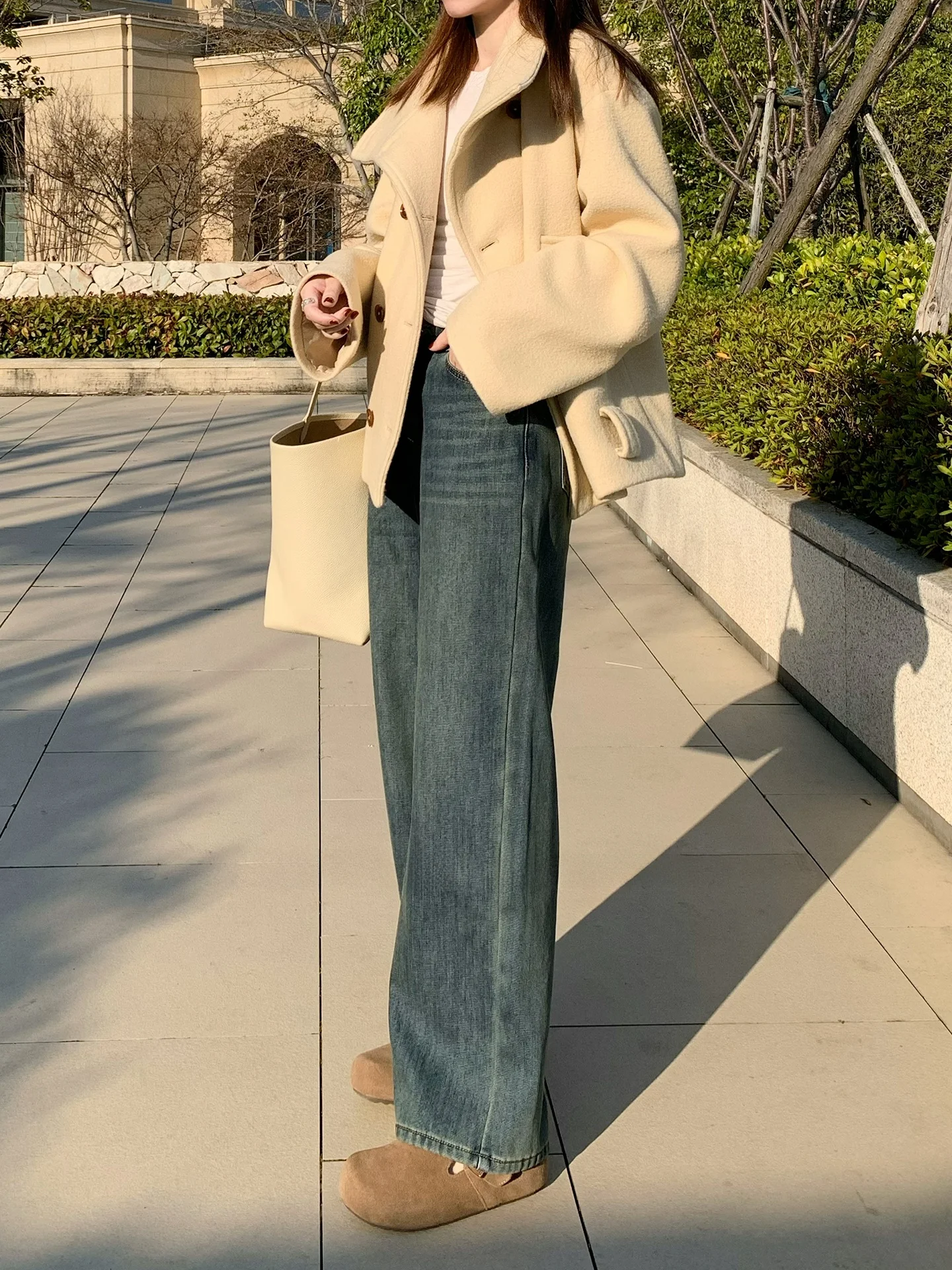 

LUNAFUNG Blue High Waist Distressed Fleece Lined Loose Jeans Straight Leg Warm Casual Cotton Trousers for Women