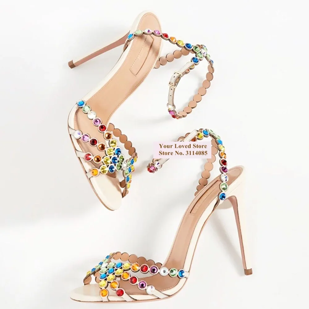 Choudory Champagne Crystal High Heel Sandals Multi-rhinestone Bling Bling Summer Stiletto Shoes Buckle Strap Evening Pumps