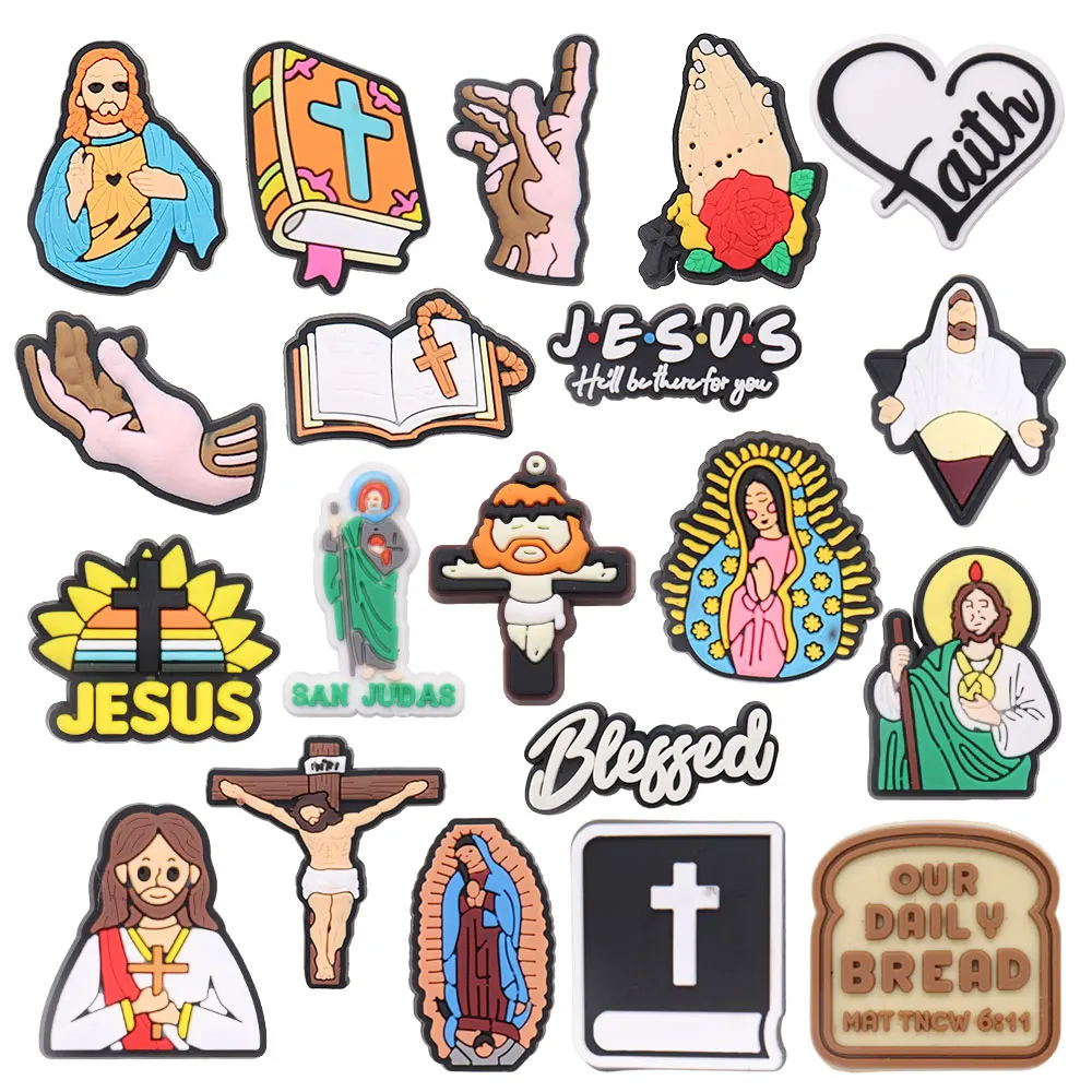 Mix 50pcs PVC Shoe Charms Jesus He'll Be There For You San Judas Blessed Garden Shoes Button Decorations Slipper Accessories 