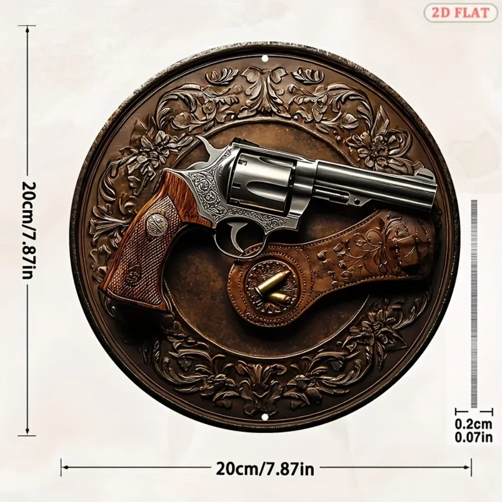 2D Flat, 1pc Vintage Revolver & Leather Holster Replica Metal-like Texture - Western Cowboy Decor - Heavy-Duty Aluminum