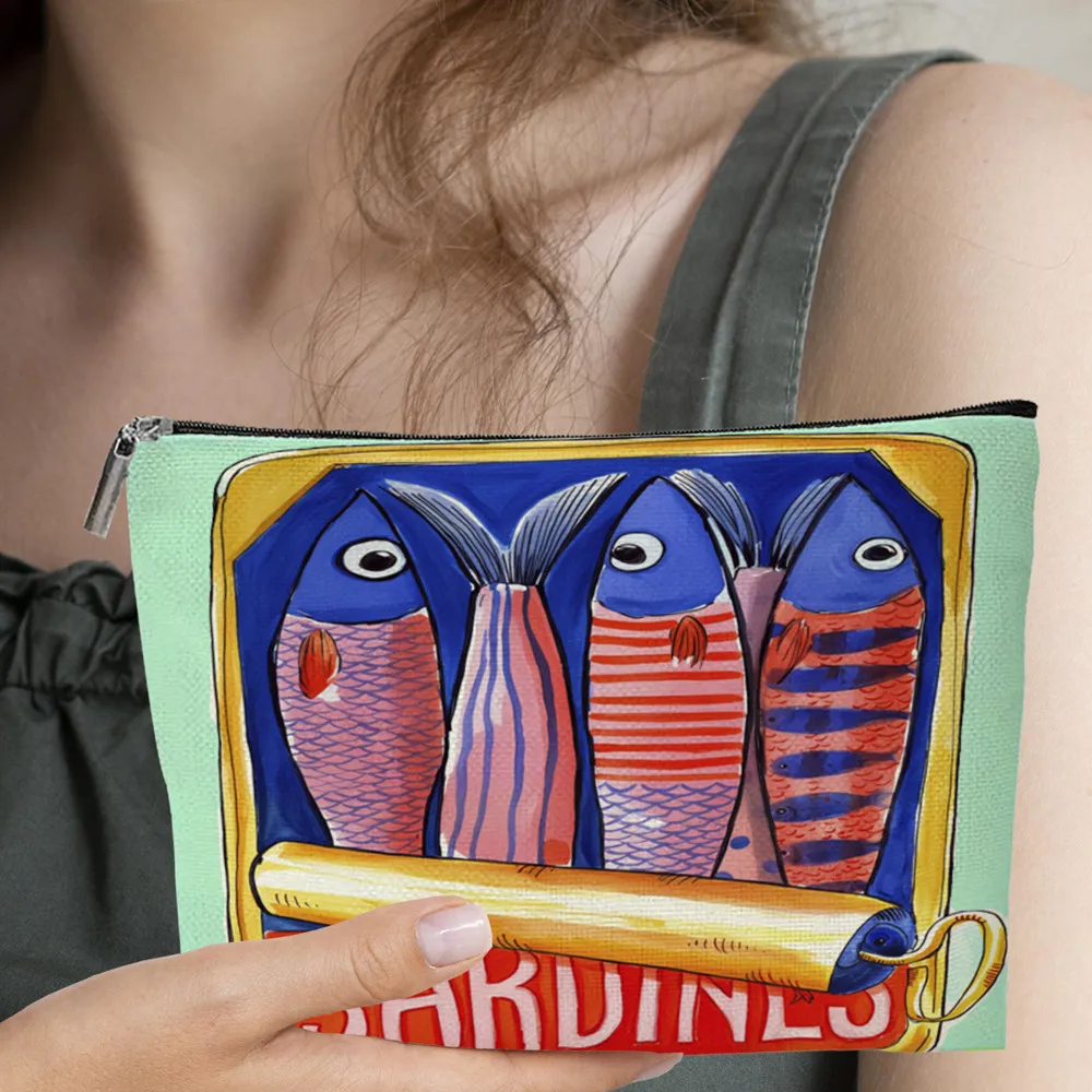 

Винтажная холщовая косметичка Sardines, модная повседневная сумка, легкая прочная сумка для хранения, мини-сумка на молнии для макияжа, большая сумка