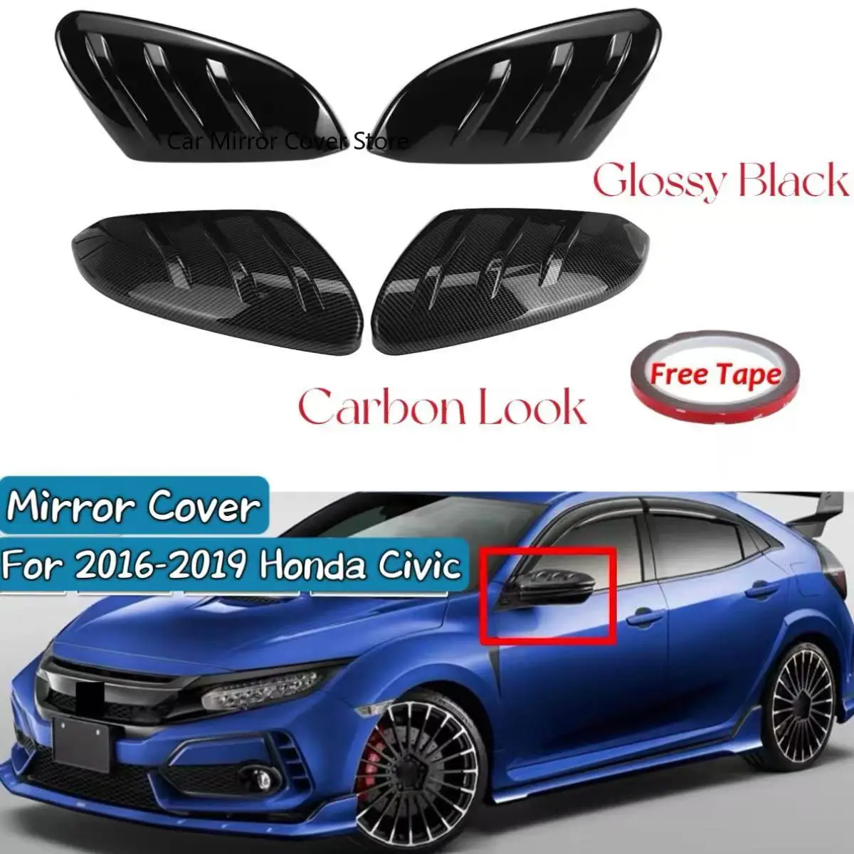 For Honda Civic 10th 2016 2017 2018 2019 2020 Pair Car Rearview Mirror Cover Glossy Black/Carbon Fiber Side Door Mirror Cover