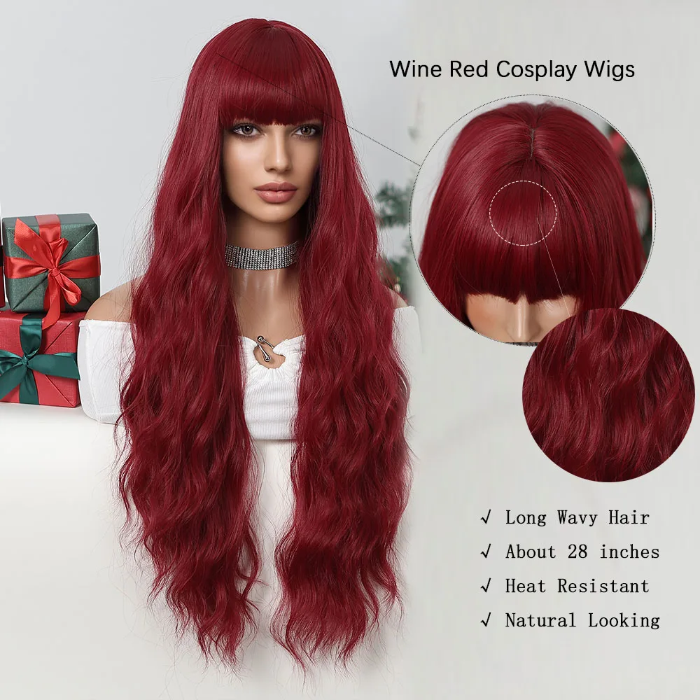 LOUIS FERRE Wine Red Cosplay Hair Long Wavy Synthetic Wigs for Women 28 Inches Natural Hair With Bangs Christmas Fiber Wigs