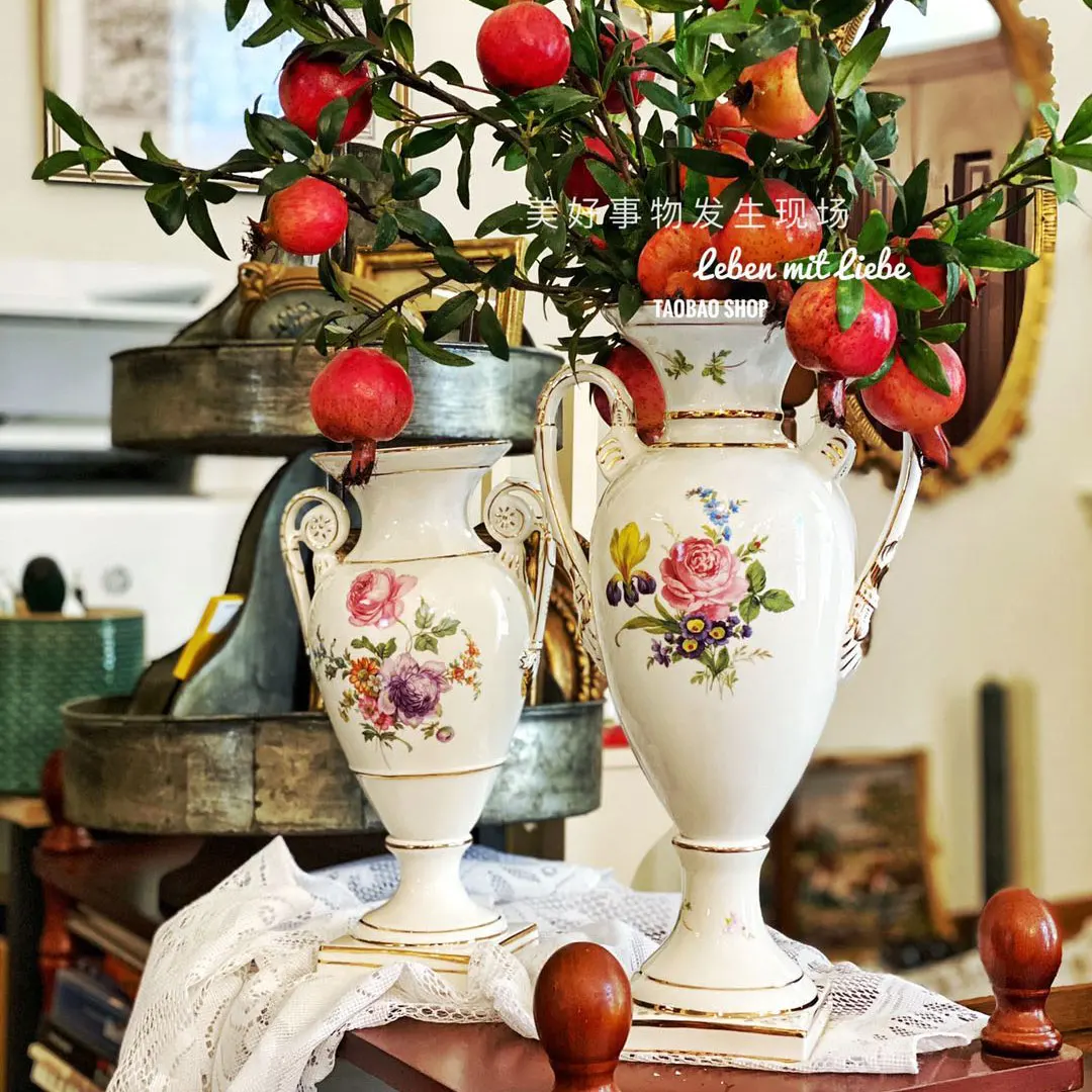 European retro home handmade ceramic large Mason classical style double ear vase