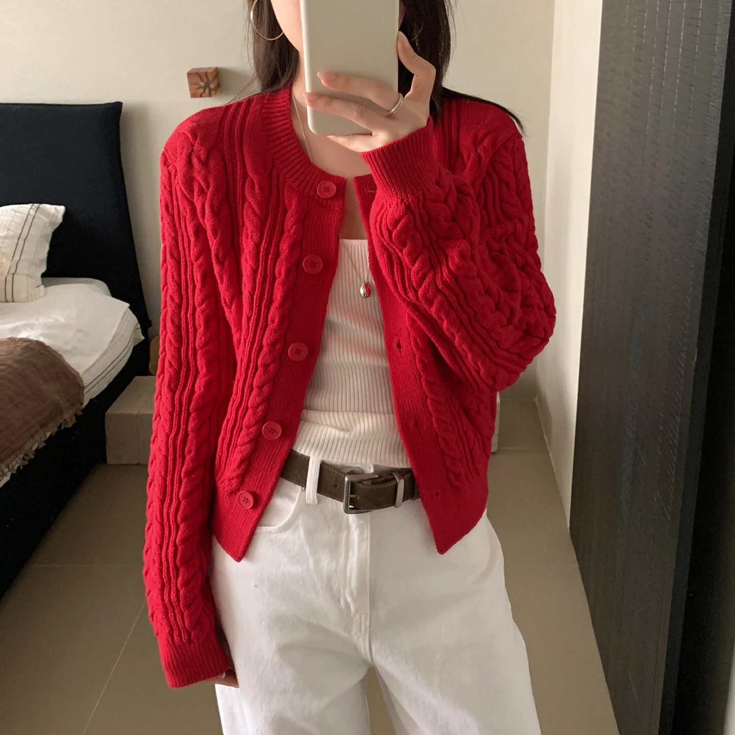 

Red Knitted Sweater Coat Vintage Loose Fit Thiened ort Cardigan round Ne Spring Faion Women's Warm Outerwear