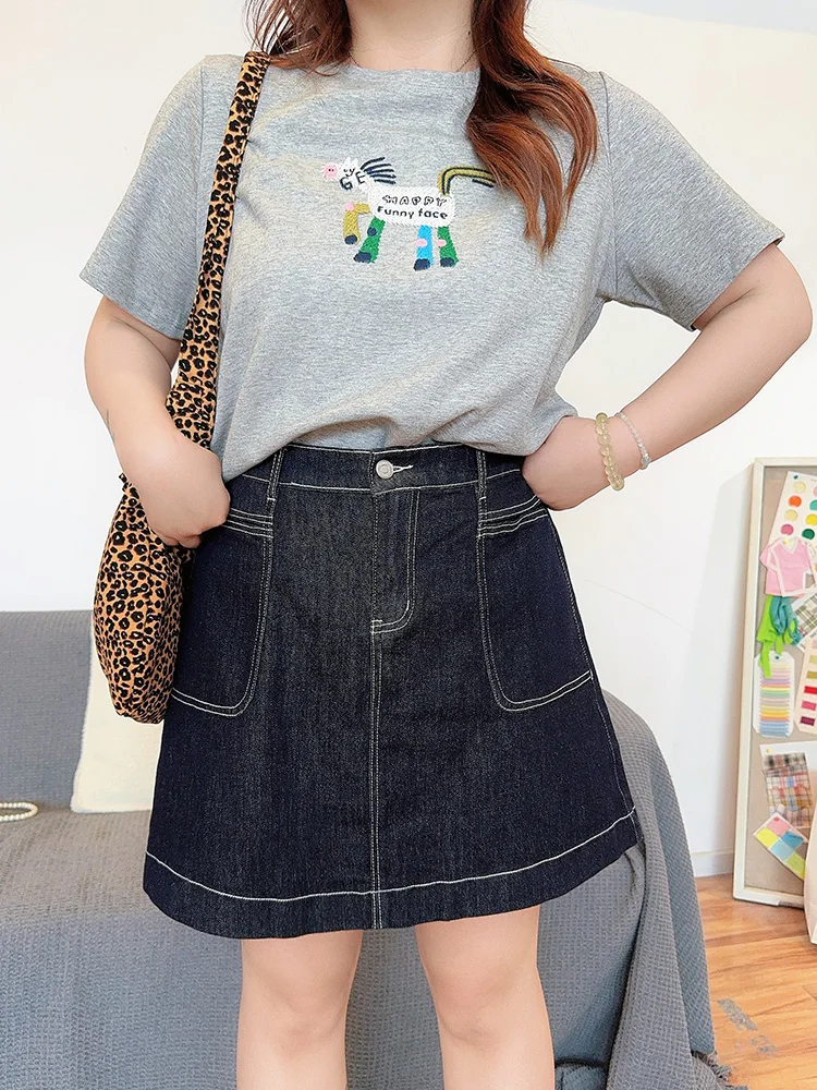 

High Waist A-Line Skirt k Denim Floral Lace Hem Stitched Detailing Women's plus Size Summer New Arrival Cotton Blend