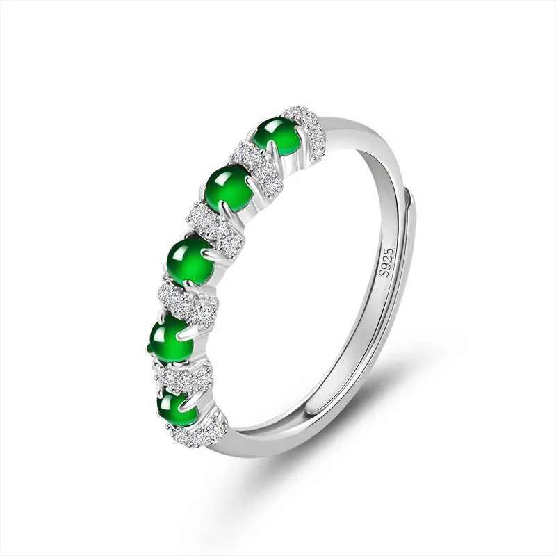 

S925 Silver Inlaid Natural a Cargo Emerald Green Jade Ring Fashion Men's and Women's Adjustable