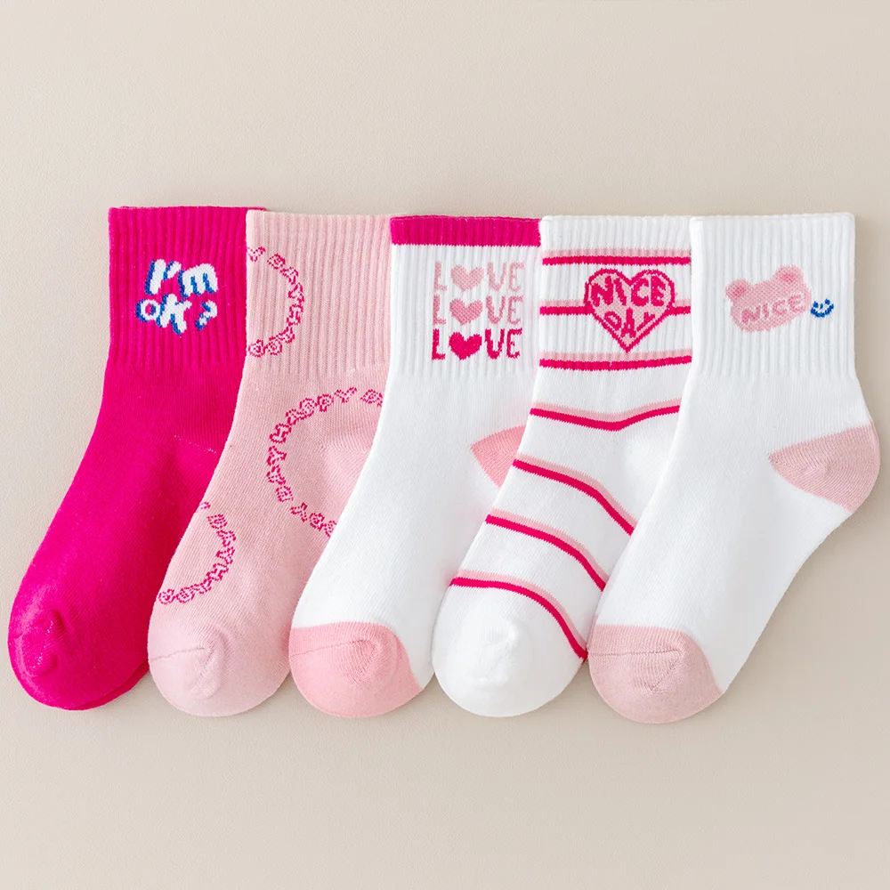 여아용 봄 여름 아동 양말 5켤레, 핑크 하트 스트라이프 귀여운 캐주얼 양말