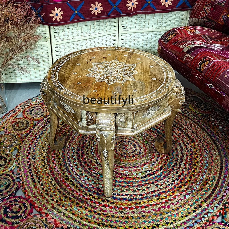 Living room household round table small low table Jixiang decorative solid wood ornament 2024 new