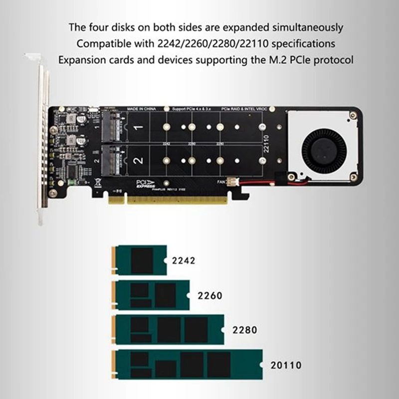 Double-Sided 4-Disk NVME Raid PCI-E X16 Split Card PCI-E X16 To M.2 M-Key NVME X4SSD RAID Expansion Card Adapter