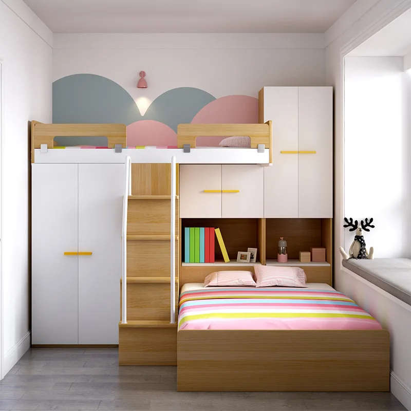 Bunk bed Two-layer small apartment Children's upper and lower bunk with wardrobe