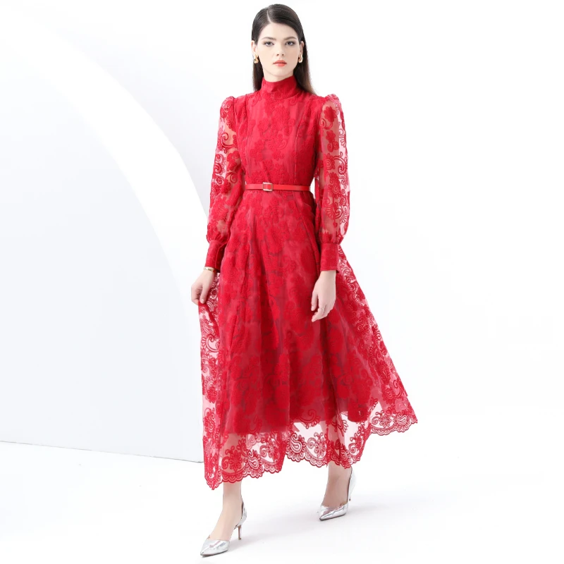 الربيع الصيف النساء خمر قصر نمط شبكة التطريز زهرة الوقوف طوق طويل ماكسي فساتين الحفلات المسائية مع حزام