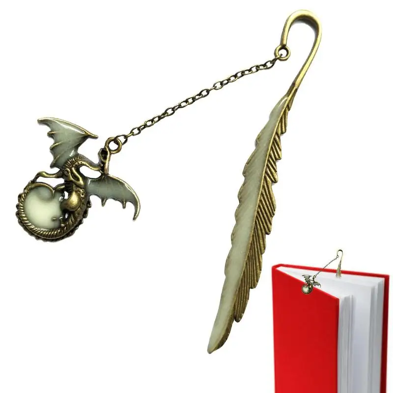 Luminous Metal Feather Bookmarks With Flying Dragon Pendant Vintage Book Marks For Teachers Gift Beautiful Book Accessories