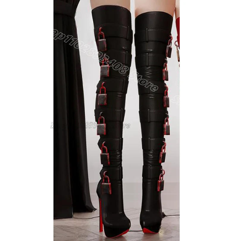 Red Lock Decor Platform Boots Round Toe Leather Belt Buckle Fall Design for Women Dress Over Knee Boots 2024 Zapatillas Mujer