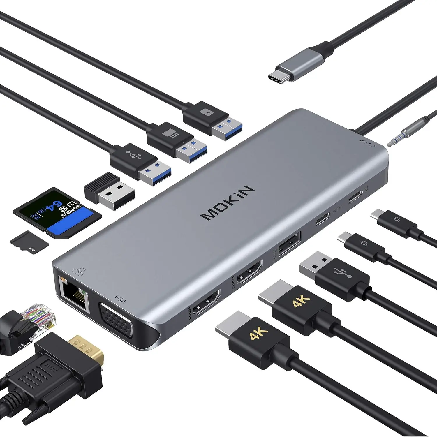 

Док-станция 14 в 1 USB-C с двумя портами HDMI, VGA, 5 USB для ноутбуков