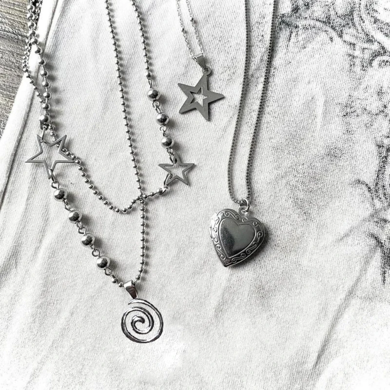 Stainless steel spiral pendant necklace / layered choker / star charm necklace / grunge cyber y2k fairycore subversive archive