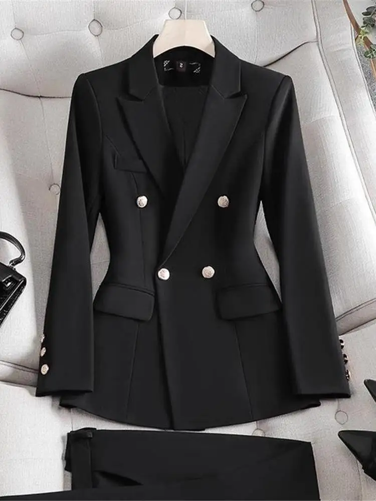 

Profional Bla Suit Set Women's Busin Outerwear Spring Autumn Cleanfit Long Sve Workwear Double Button Closure