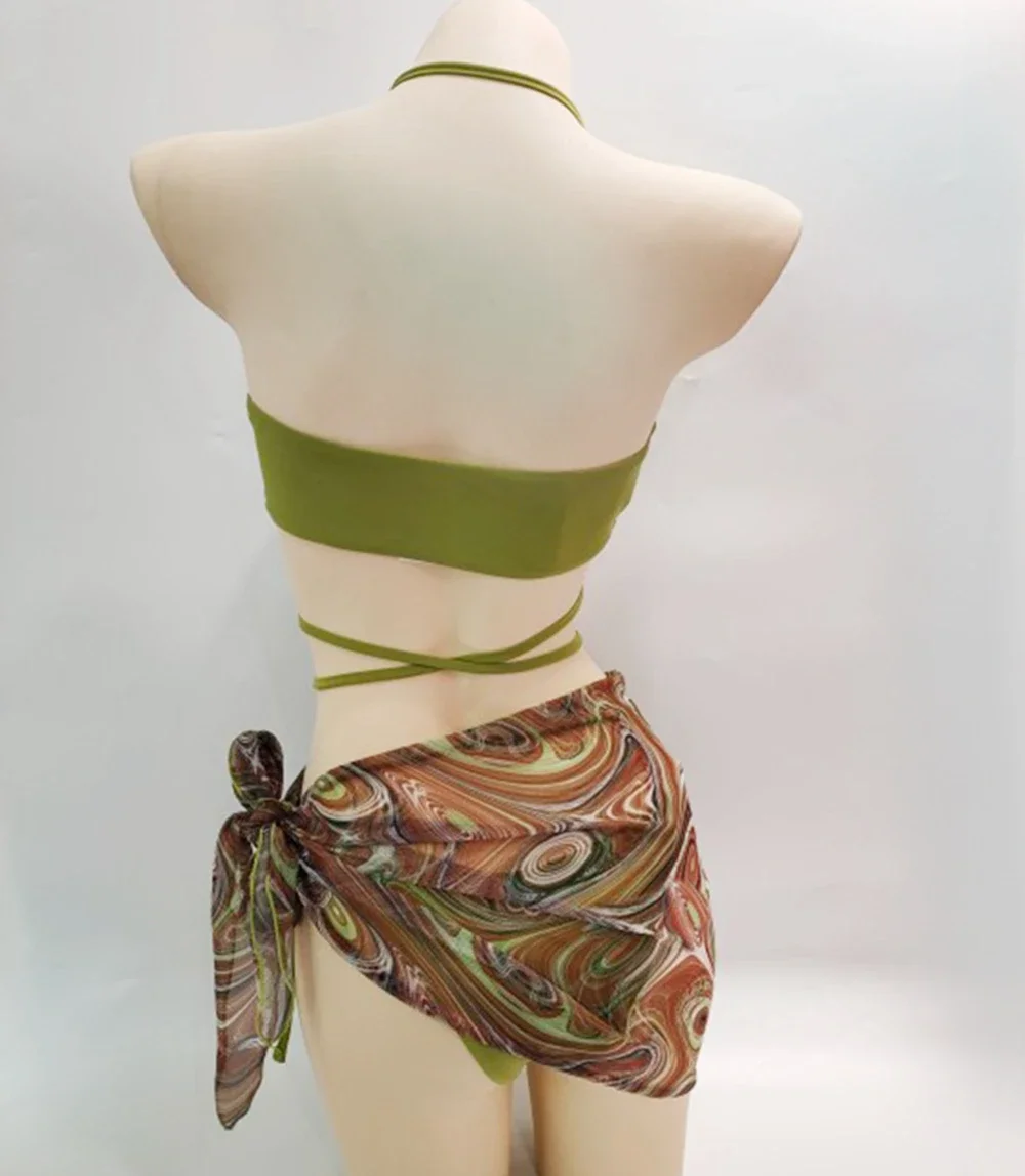 Сексуальные стринги с лямкой на шее, бикини из 3 предметов, однотонный комплект бикини с юбкой с принтом, женский бандажный купальник, большие размеры, новинка 2025, 8 цветов, распродажа