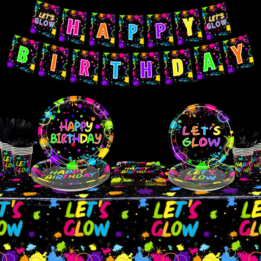 Neon Party Supplies Tableware Neon Glow Party Decorations Plate Cup Napkins Neon Graffiti Birthday Baby Shower Party Decoration