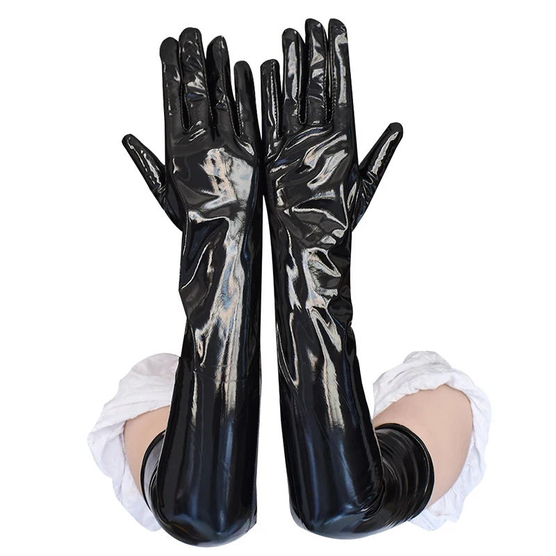 Extended mirror patent leather long gloves women sexy coated gloves bright leather Gloves steel pipe stage performance gloves