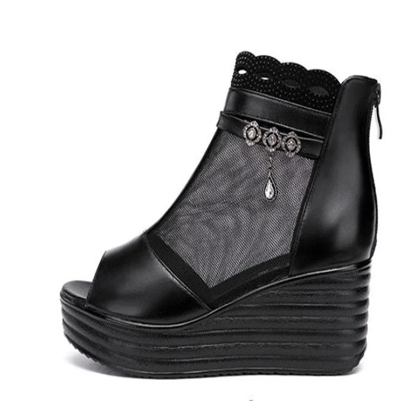 TIMETANGSize 33-43 Open Head Platform Wedges Shoes Summer Breathable Mesh Medium Heel Boots Women OL Office Footwear