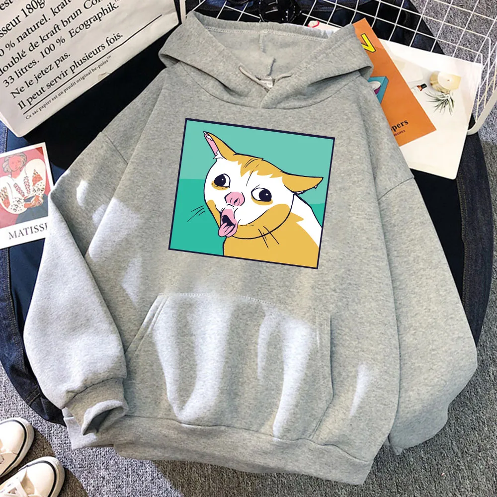 Coughing Cat Meme Naughty Cartoon Cat Sticking Out Tongue Man Hoodies Creativity O-Neck Pullover Casual Oversize Male Streetwear