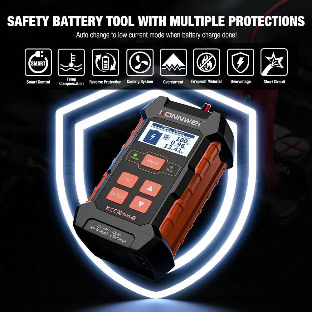 

Automatic Car KONNWEI KW520 Truck Battery Tester Charger Lead Acid Car Battery Pulse Repair Tool AGM Gel Lithium 12V 10A 24V 5A