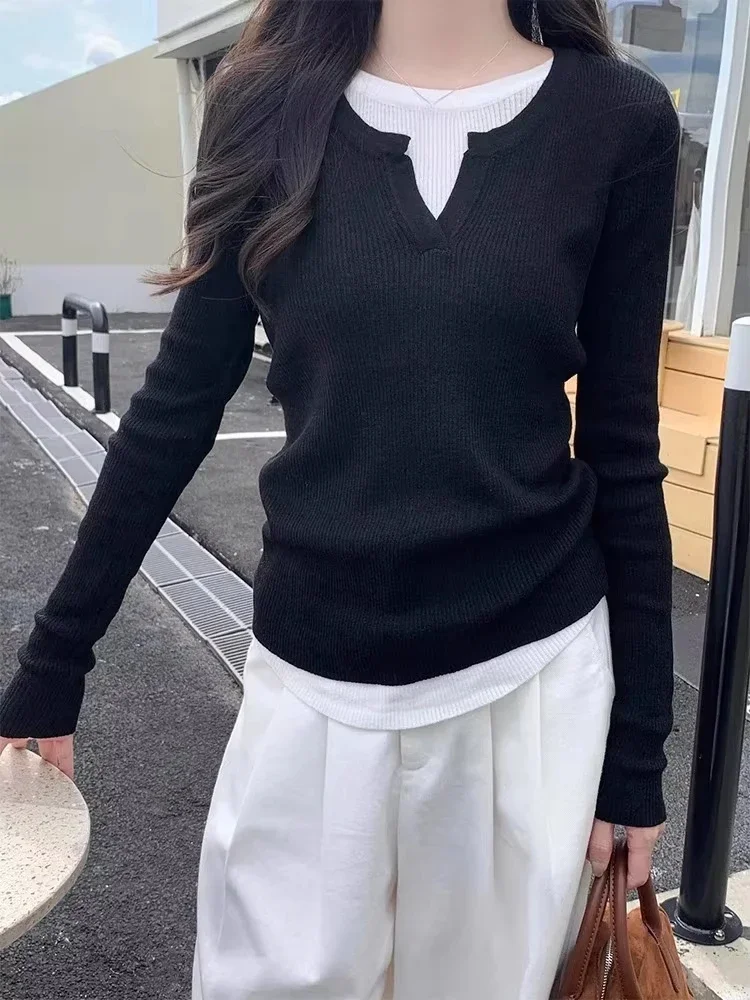 تيشيرتات كورية مزيفة مكونة من قطعتين بأكمام طويلة تي شيرت محبوك 2025 Ropa Mujer ملابس نسائية للخريف برقبة دائرية