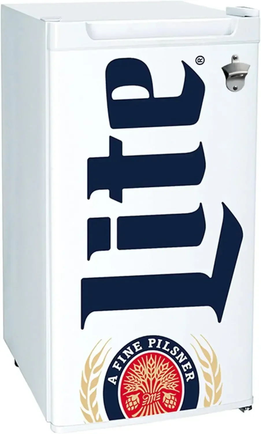 Miller Lite koelkast van 3,2 cu ft (90 liter, witte compacte koelkast, flesopener, ruimtebesparend ontwerp met platte achterkant, omkeerbare deur